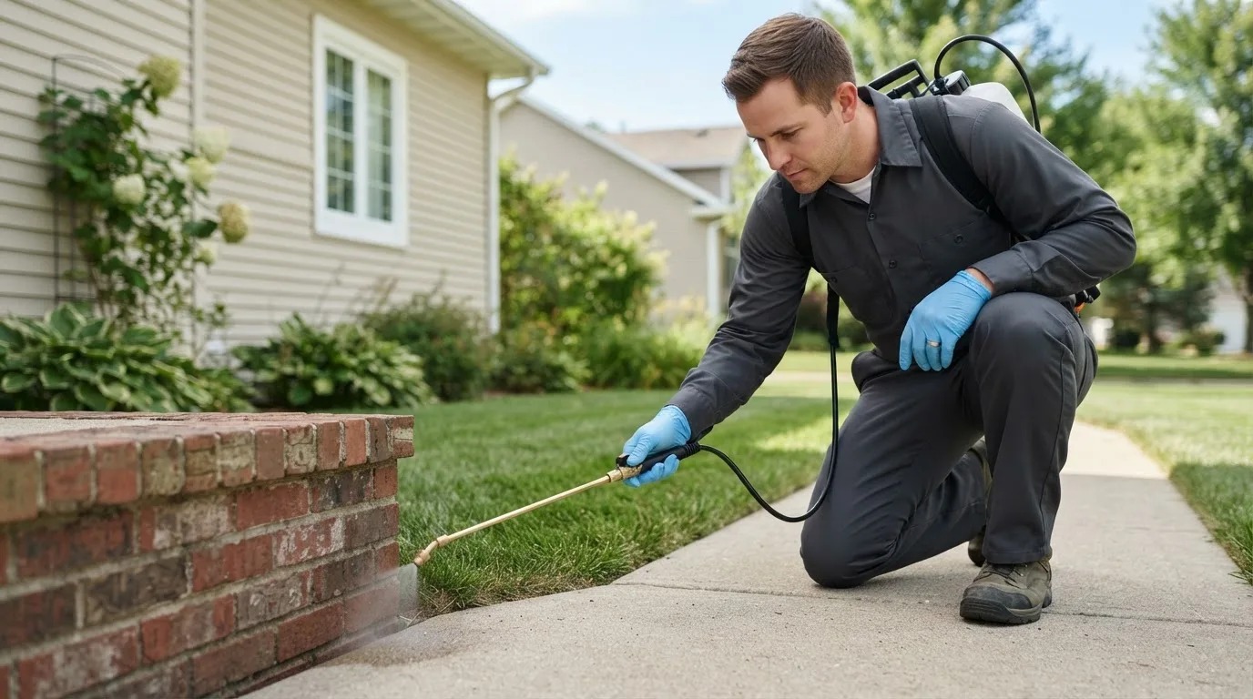 Pest control technician treating a home near Williamsburg, IA