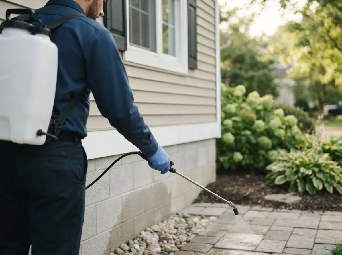 Pest control technician inspecting a home in Williamsburg, IA